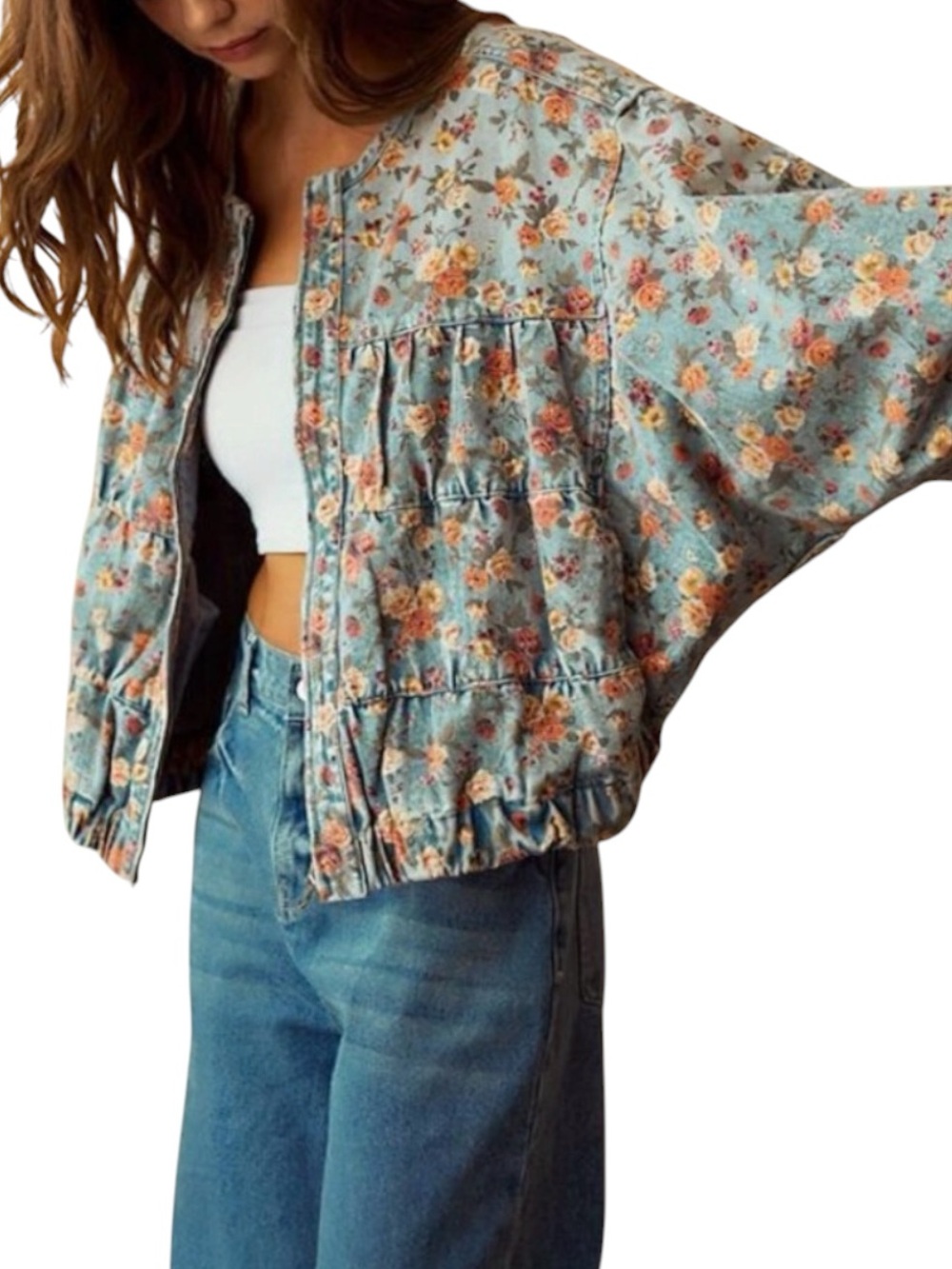 🤎NWOT LovLov Women’s Denim Jean Floral Boho Oversized Cropped Bomber Jacket | S